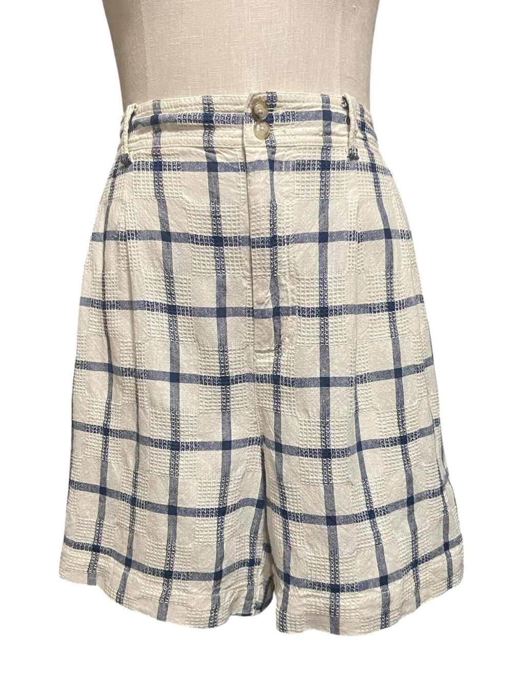 Madewell Linen Cotton White And Blue Windowpane Pleated Mid-Length Shorts Sz 12